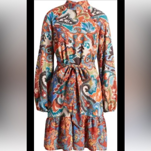 Nordstrom TAHARi floral print dress button detail tie waist ruffle mock neck 10 - Picture 2 of 4